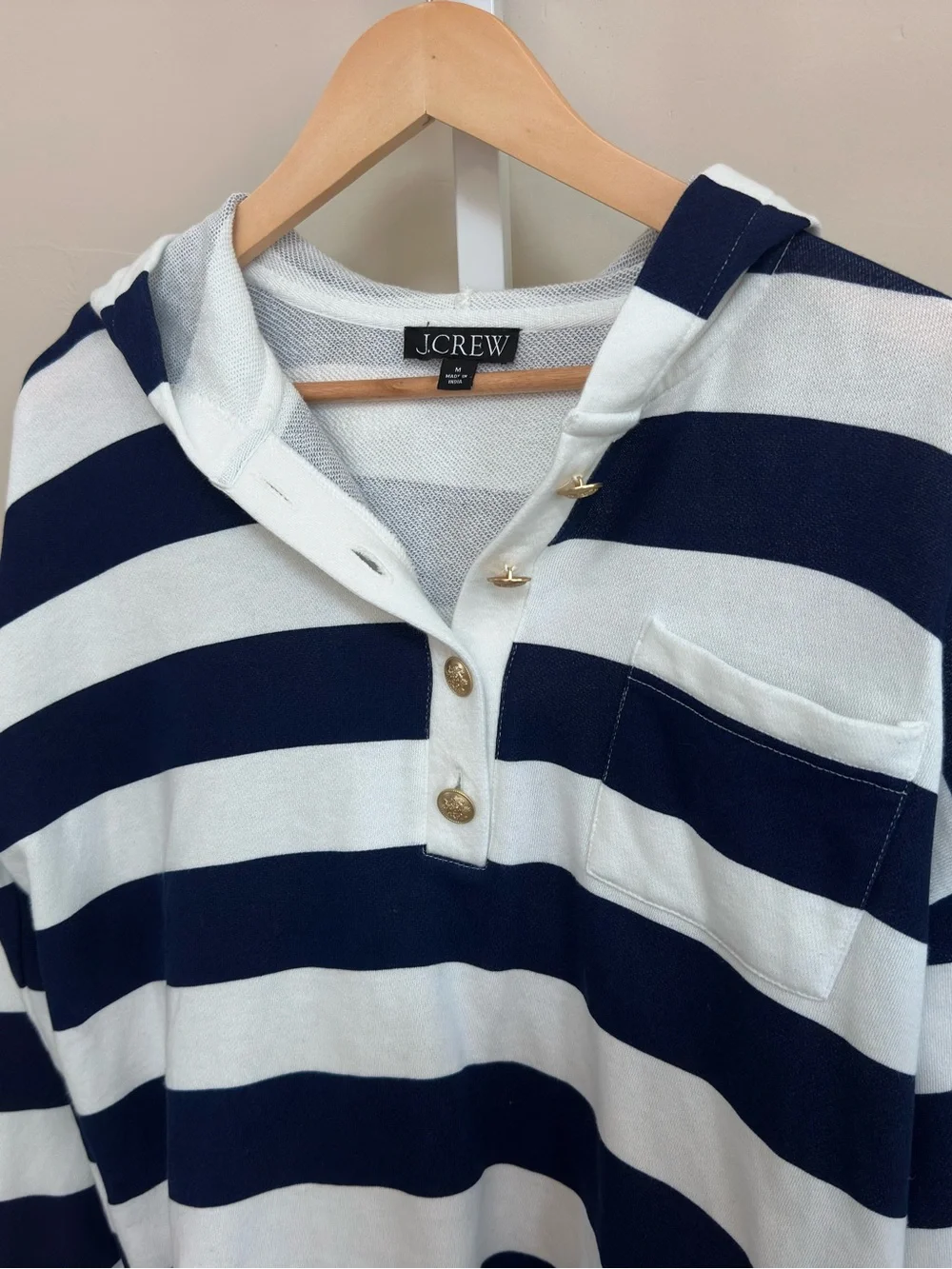 J.Crew Medium University Terry Striped Hoodie Navy White Nautical Coastal